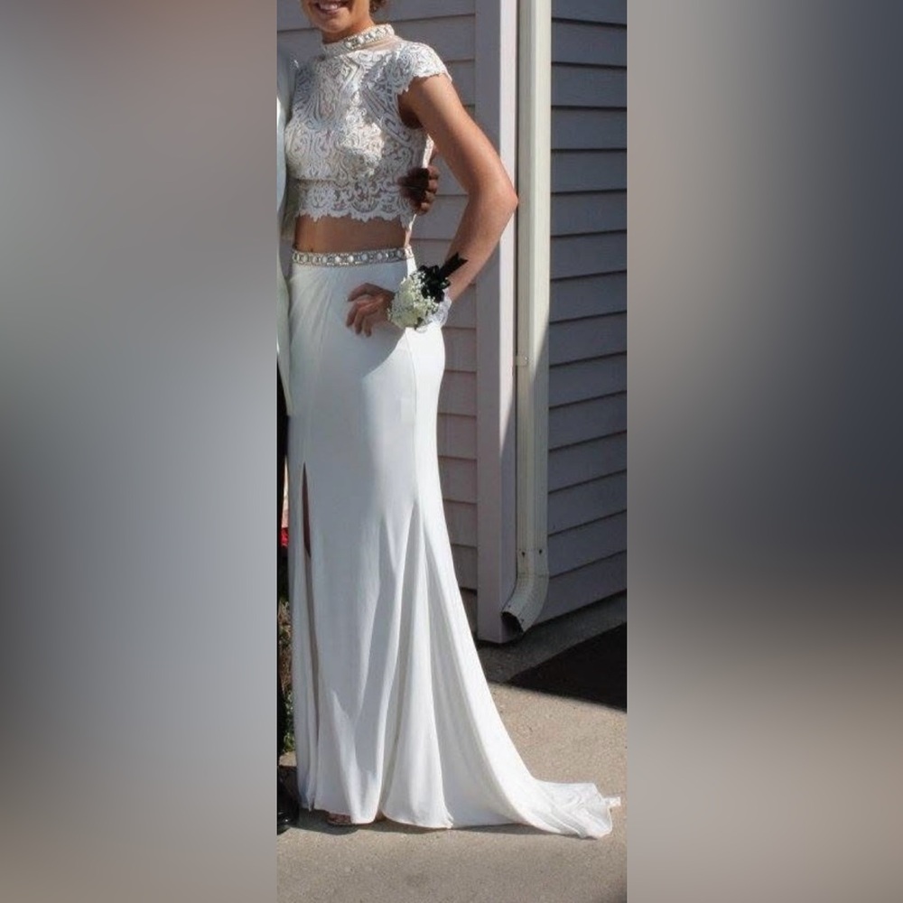 Aris White Two-Piece Lace Bodice Prom Gown